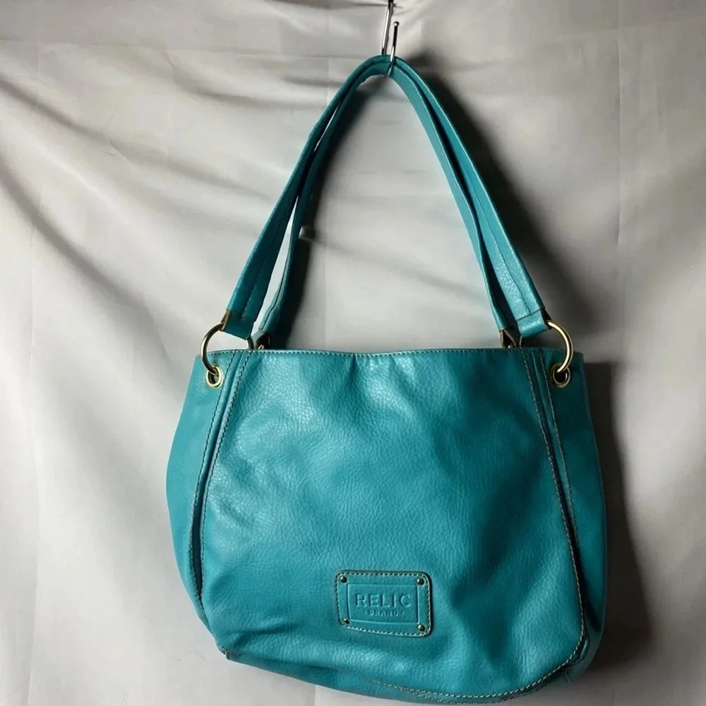 RELIC TURQUOISE SHOULDER STRAP‎ PURSE TAN STITCHING LINED SNAP CLOSE POCKETS - Picture 10 of 13